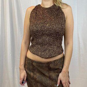 Brown Beaded Shell Top High Neck Carmen Marc Valvo